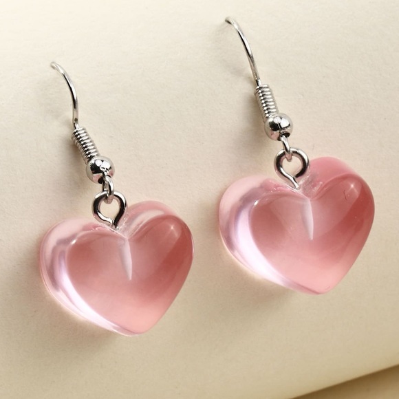 Boho Heart Drop Dangle Pink Lucite Earrings - Picture 3 of 5